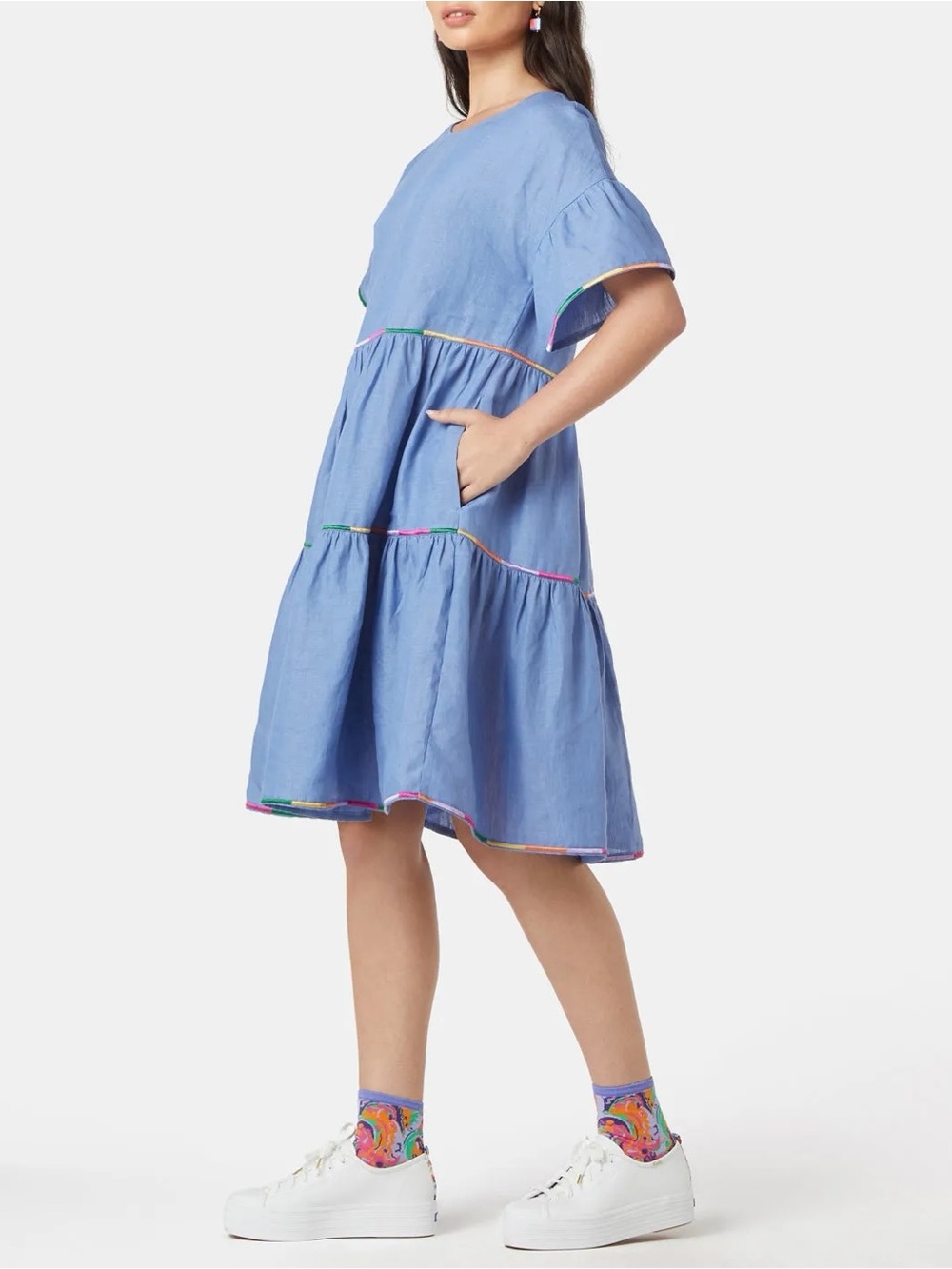 Gorman Tiered Linen Dress Blue Size 12 Rainbow Embroidery A-Line Resort